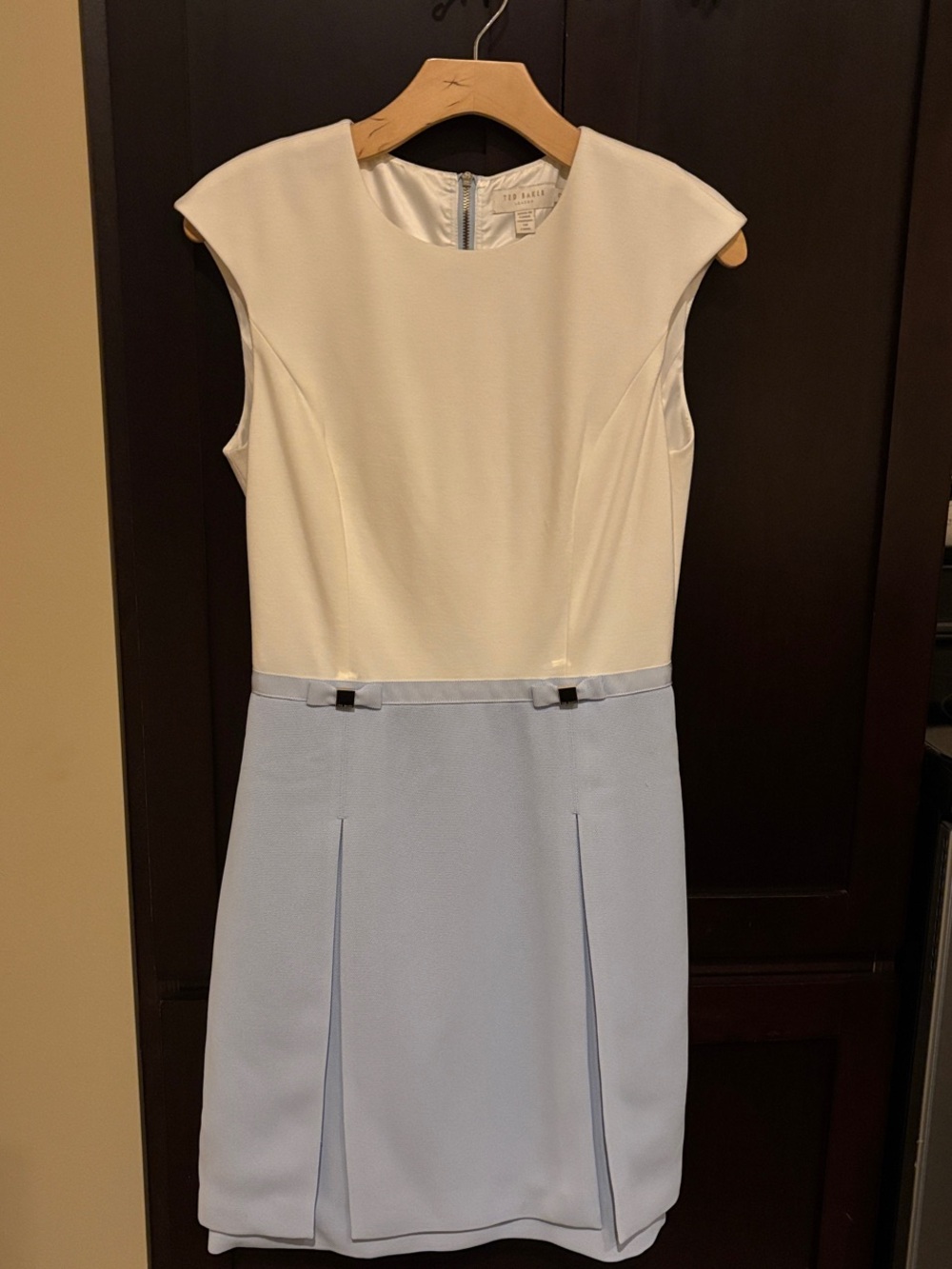 Ted Baker London Cream and Light Blue Cap-Sleeve Sheath Dress